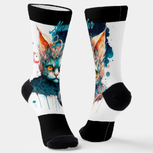 Aquarellkatze in personalisierten Steampunksocken Socken