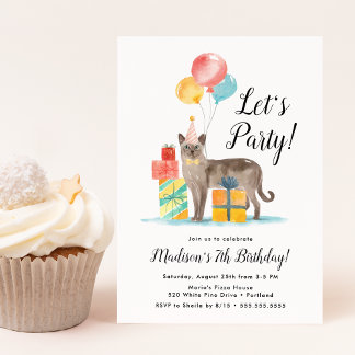 Aquarellkatze mit Balloons Kindergeburtstag Party Einladung