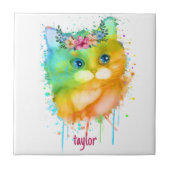 Aquarellkatze mit Blume Fliese (Vorderseite)