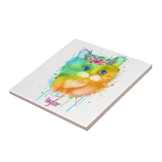 Aquarellkatze mit Blume Fliese (Seite)