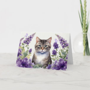 Aquarellkatze mit Lavendelblüten Karte