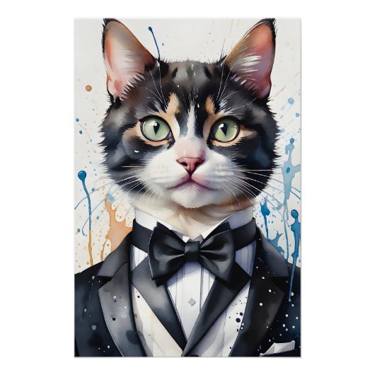 Aquarellkatze Tuxedo Vest Black Bow Krawatte Poster (Vorderseite)
