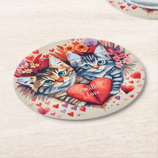 Aquarellkatzen mit Herz Runder Pappuntersetzer (Angewinkelt)