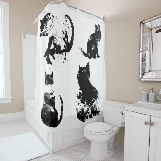 Aquarellkatzen, schwarze Katze, Minimal, Schwarz & Duschvorhang (Beispiel)