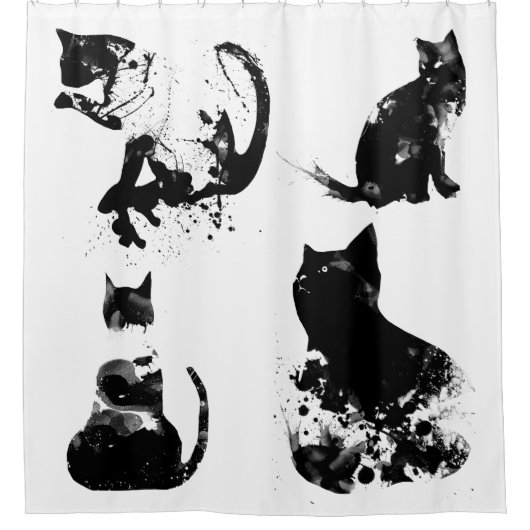 Aquarellkatzen, schwarze Katze, Minimal, Schwarz & Duschvorhang (Vorderseite)