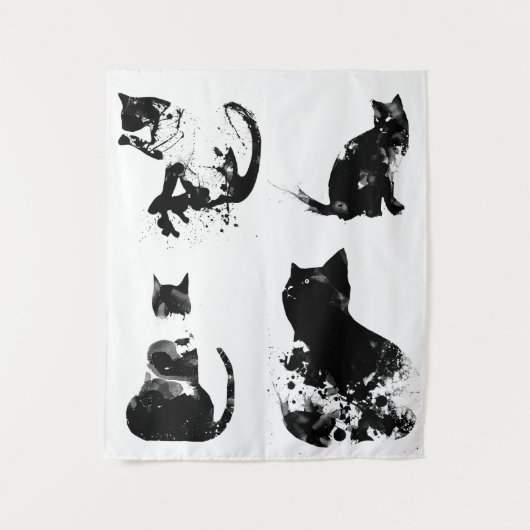 Aquarellkatzen, schwarze Katze, Minimal, Schwarz & Wandteppich (Vorderseite)