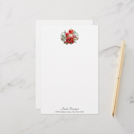 Aquarellkerzen und Poinsettia Weihnachten Briefpapier (Vorderseite/Rückseite Beispiel)
