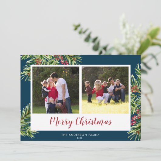 Aquarellkiefer 2 Foto Blau Frohe Weihnachten (Stehend Vorderseite)