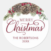 Aquarellkiefer Cone Skript Frohe Weihnachten Runder Aufkleber (Vorderseite)