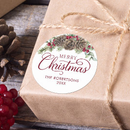 Aquarellkiefer Cone Skript Frohe Weihnachten Runder Aufkleber