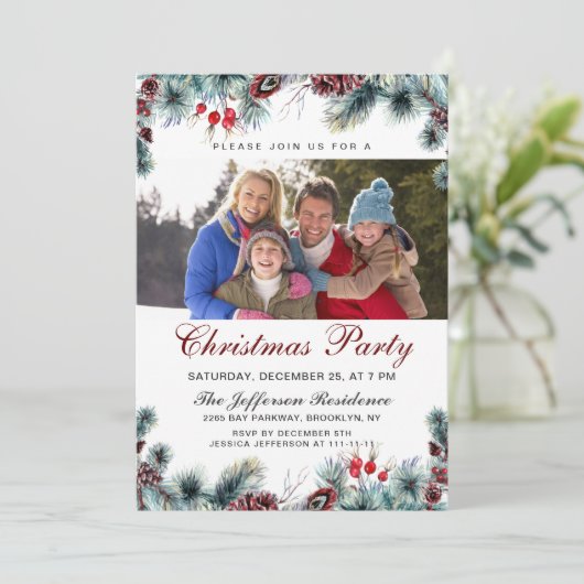 Aquarellkiefer Cones Branch FOTO Weihnachtsfest Pa Einladung (Stehend Vorderseite)