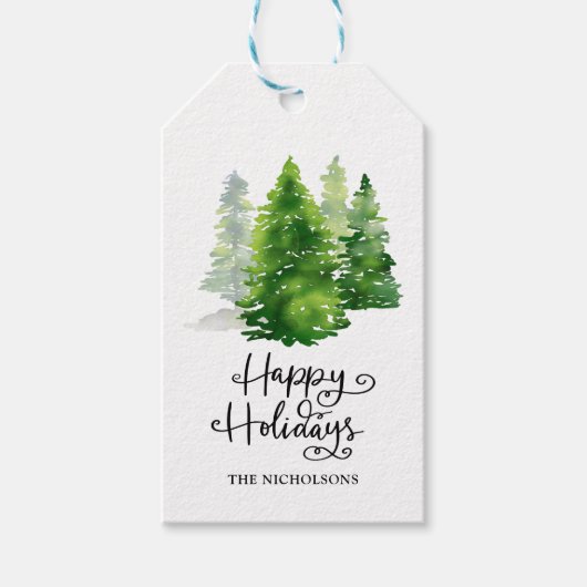 Aquarellkiefer | Happy Holidays Script Geschenkanhänger (Vorderseite)