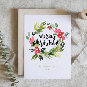 Aquarellkiefer und Holly Wreath Frohe Weihnachten