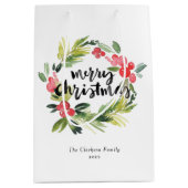 Aquarellkiefer und Holly Wreath Frohe Weihnachten Mittlere Geschenktüte (Vorderseite)