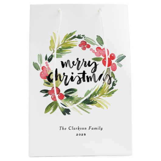 Aquarellkiefer und Holly Wreath Frohe Weihnachten Mittlere Geschenktüte (Vorderseite)