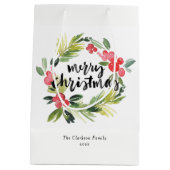 Aquarellkiefer und Holly Wreath Frohe Weihnachten Mittlere Geschenktüte (Rückseite)