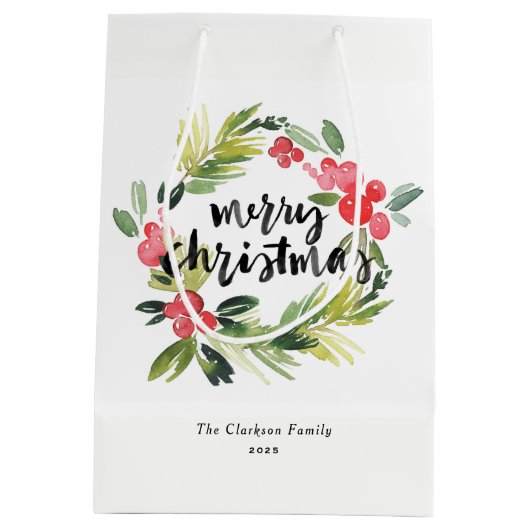 Aquarellkiefer und Holly Wreath Frohe Weihnachten Mittlere Geschenktüte (Rückseite)