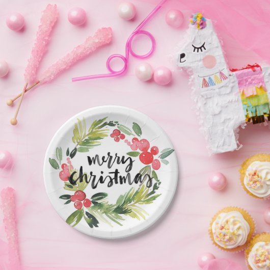 Aquarellkiefer und Holly Wreath Frohe Weihnachten Pappteller (Party)