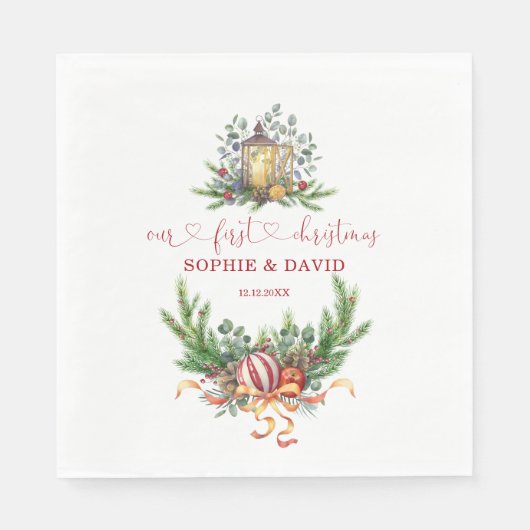 Aquarellkiefer Unsere 1. Weihnachtsball-Kalligraph Serviette (Vorderseite)