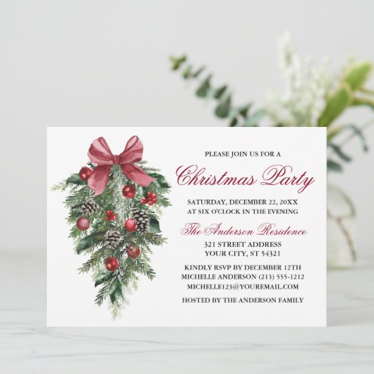 Aquarellkiefern Berries Bow Weihnachtsfest Party Einladung (Stehend Vorderseite)