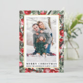 Aquarellkiefern Rote Weihnachtsschmuck Foto Feiertagskarte (Stehend Vorderseite)