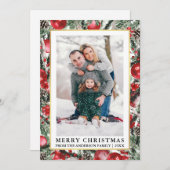 Aquarellkiefern Rote Weihnachtsschmuck Foto Feiertagskarte (Vorne/Hinten)