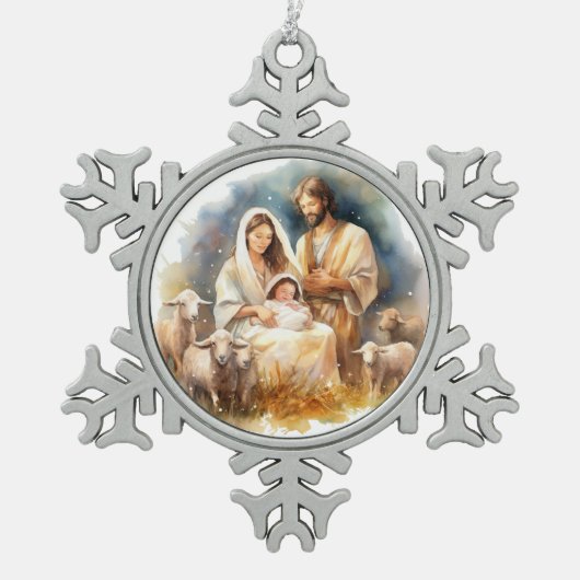 Aquarellkind Jesus Christus mit Maria und Joseph Schneeflocken Zinn-Ornament (Vorderseite)
