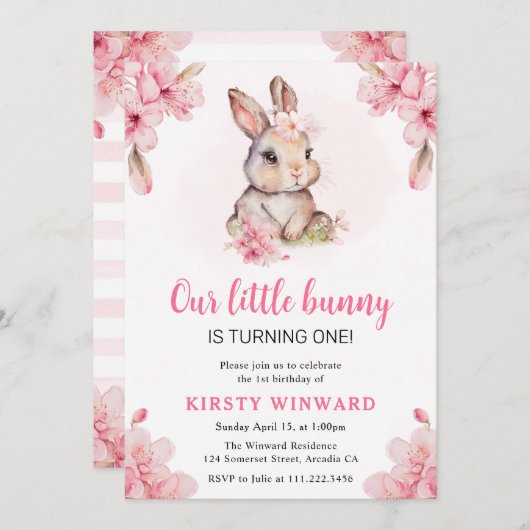 Aquarellkirsche Blüten Kaninchen 1. Geburtstag Einladung (Vorne/Hinten)