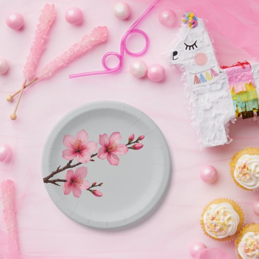Aquarellkirsche Blüten Rosa Grau Pappteller (Party)