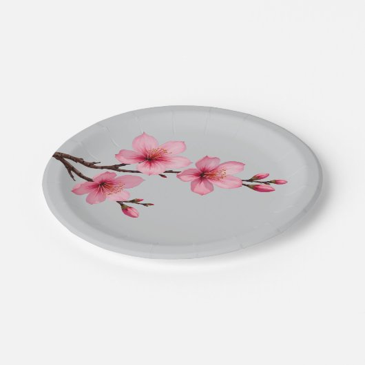 Aquarellkirsche Blüten Rosa Grau Pappteller (Schrägansicht)