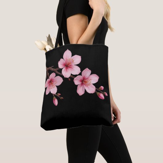 Aquarellkirsche Blüten Rosa Schwarz Tasche (Von Nahem)