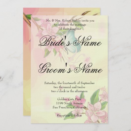 Aquarellkirsche Blüten Schmetterlinge Einladung (Vorne/Hinten)