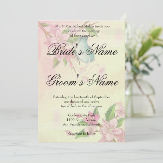 Aquarellkirsche Blüten Schmetterlinge Einladung (Stehend Vorderseite)