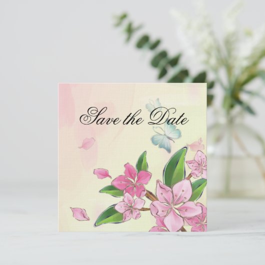 Aquarellkirsche Blüten Schmetterlinge Save The Date (Stehend Vorderseite)