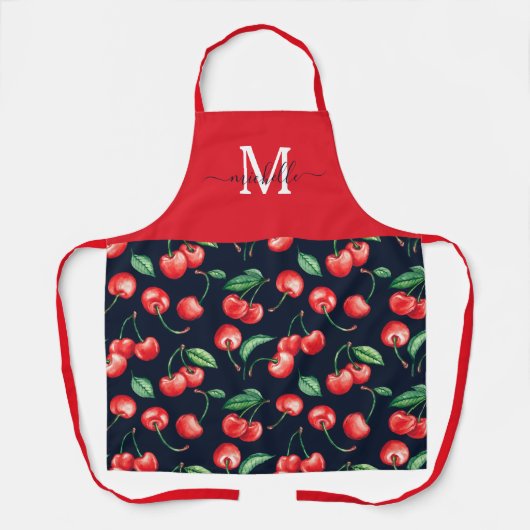 Aquarellkirschen Monogram Navy Blue Schürze (Vorderseite)