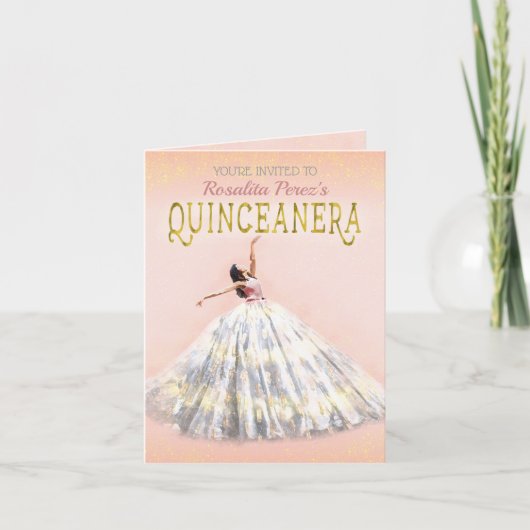 Aquarellkleid Rosa Rosa Gold Quinceanera Extravaga Einladung (Vorderseite)