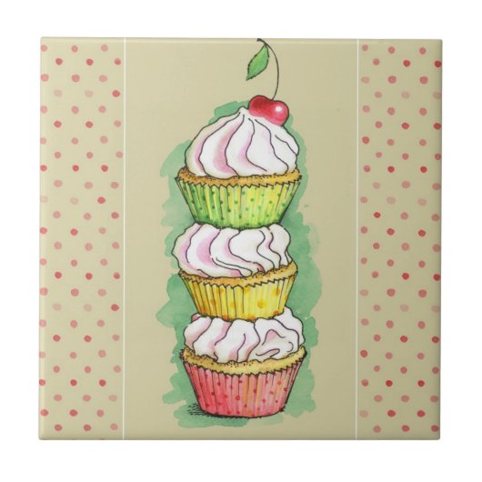 Aquarellkleine kuchen. Küchenillustration Fliese (Vorderseite)