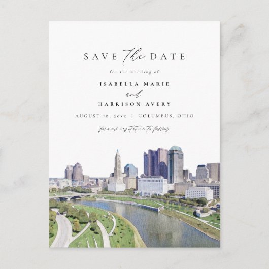 Aquarellkolumbus Ohio Skyline Save the Date Postkarte (Vorderseite)
