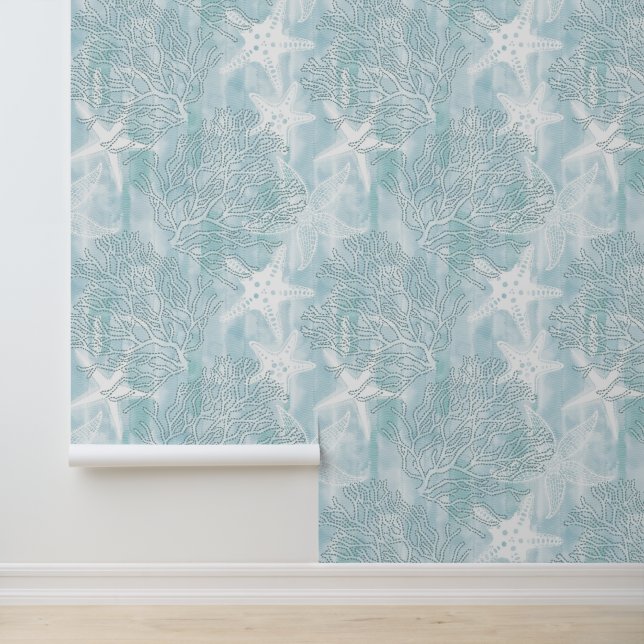 Aquarellkorallen und Starfish Powder Blue Coastal Tapete (Anwendung)