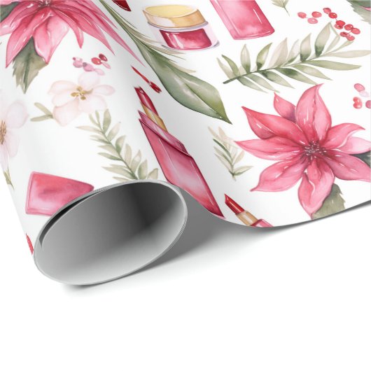 Aquarellkosmetik Lippenstift Weihnachtsfloralen Geschenkpapier (Rolleneckpunkt)