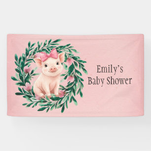 Aquarellkranz mit Baby Pig Girl Baby Dusche Banner