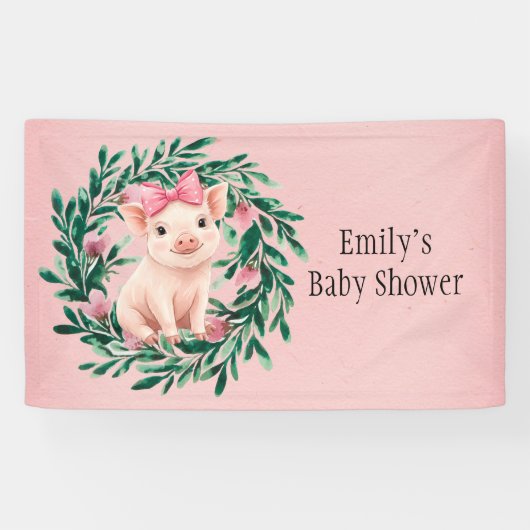 Aquarellkranz mit Baby Pig Girl Baby Dusche Banner (Horizontal)