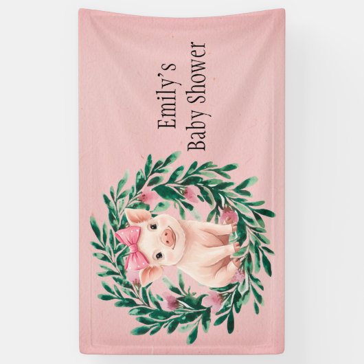 Aquarellkranz mit Baby Pig Girl Baby Dusche Banner (Vertikal)