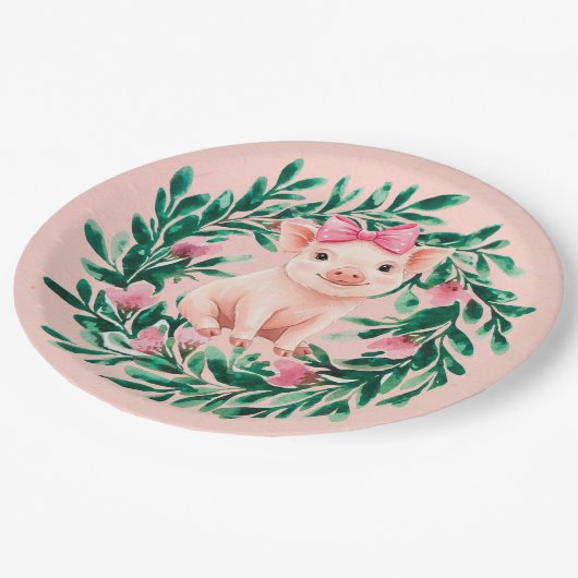Aquarellkranz mit Baby Pig Girl Baby Dusche Pappteller (Schrägansicht)