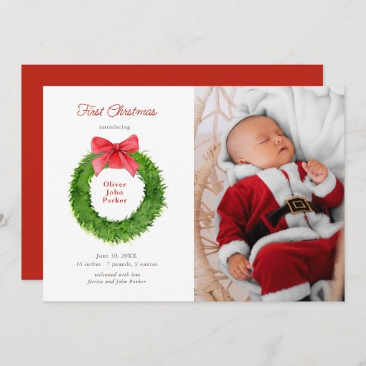 Aquarellkranz mit Bugbabygeburt Foto Ankündigung (Vorne/Hinten)