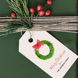 Aquarellkranz mit Weihnachtsgeschenk-Tags in Roter Geschenkanhänger