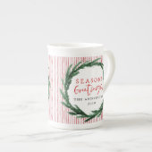 Aquarellkranz + Streifen Weihnachtsgeschenk Porzellantasse (Vorderseite Rechts)