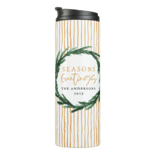 Aquarellkranz + Streifen Weihnachtsgeschenk Thermosbecher