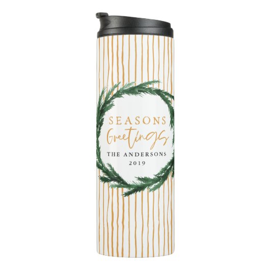 Aquarellkranz + Streifen Weihnachtsgeschenk Thermosbecher (Nach rechts gedreht)