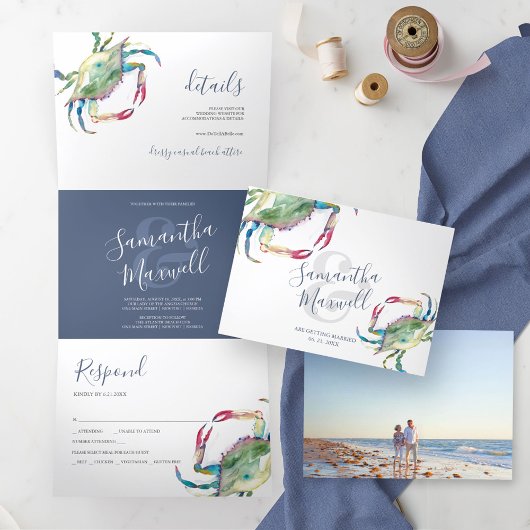 Aquarellkrebse Trifold Beach Hochzeit Einladung